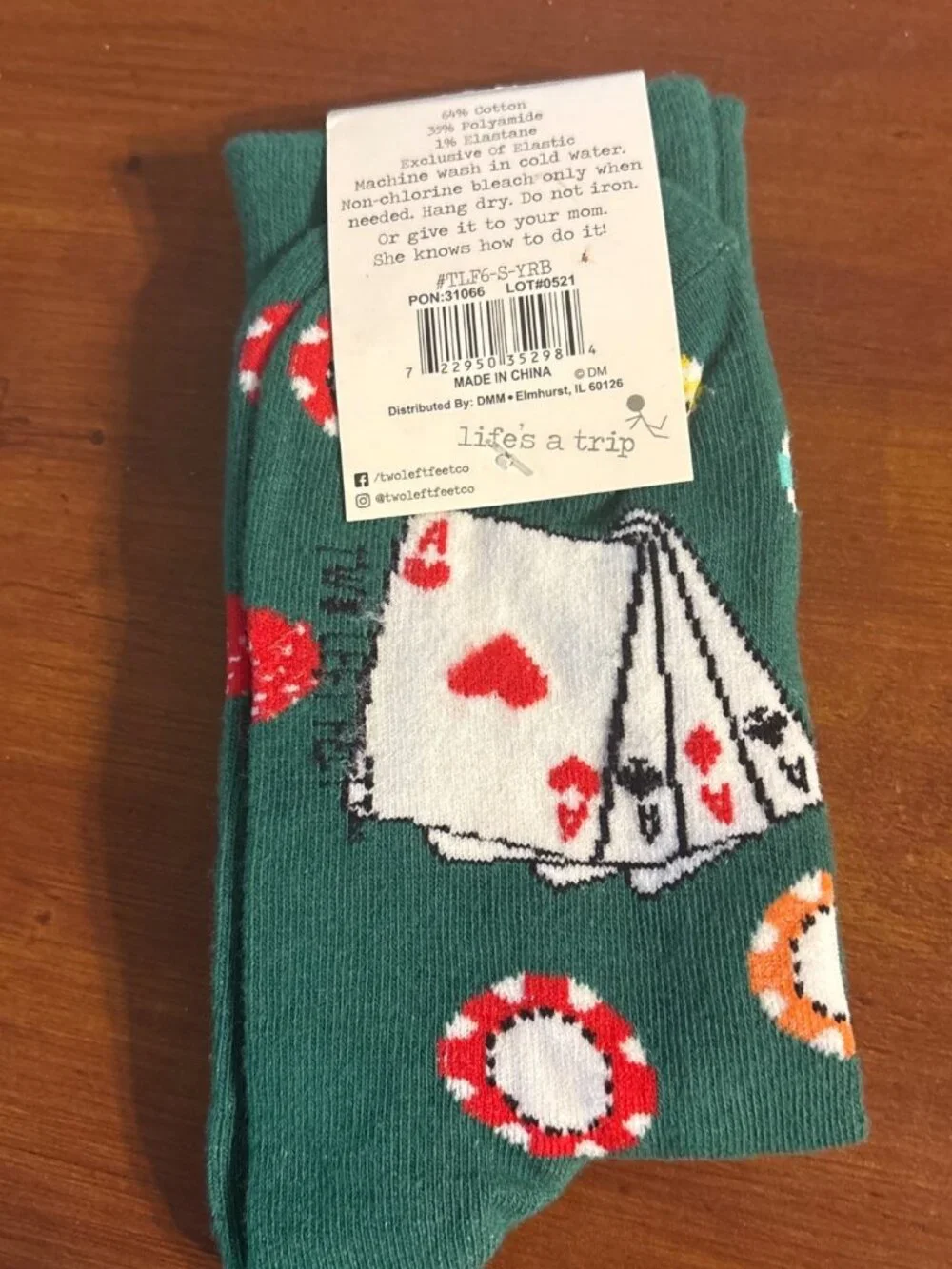 Unisex Two Left Feet You’re Bluffing Poker-Themed Socks Small Feet Green Cotton